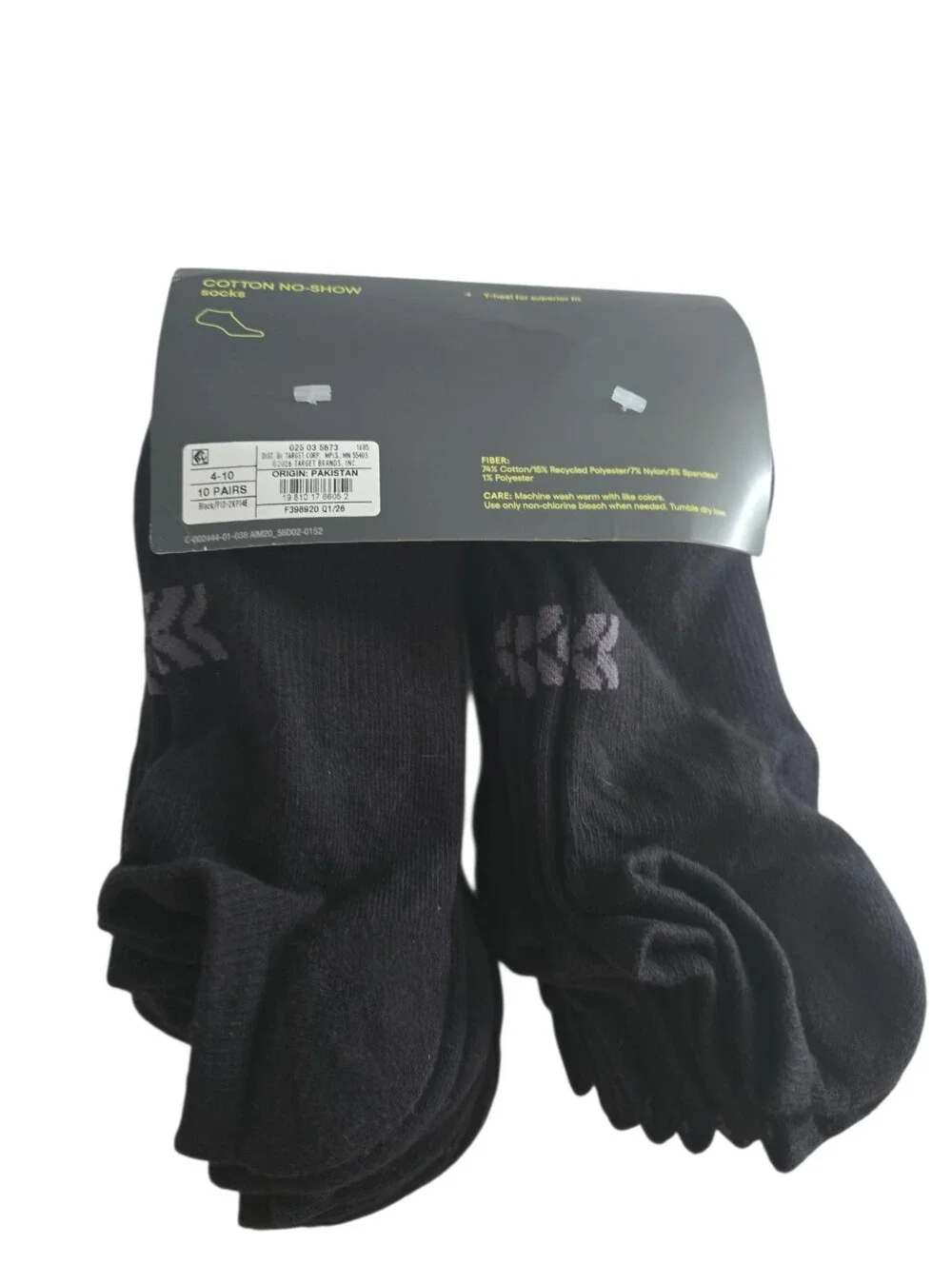 All in Motion Women's No Show Socks 10 Pack Black Size 4-10 Cotton NWT